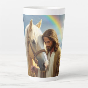 Jesus mit Palomino-Pferd in landschaftlicher Szene Milchtasse