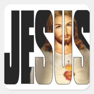 Jesus mit seinem Bild in seinem Namen Quadratischer Aufkleber