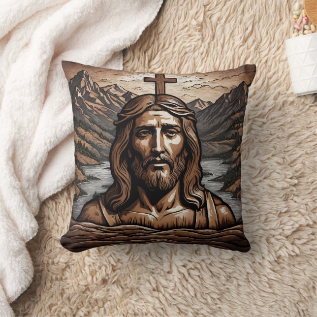 Jesus mit überquerender Aussicht auf die Bergwelt Kissen (Decke)