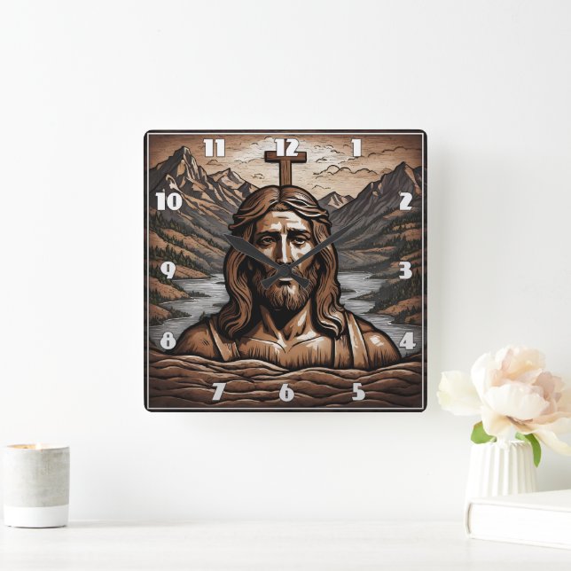 Jesus mit überquerender Aussicht auf die Bergwelt Quadratische Wanduhr (Zuhause)