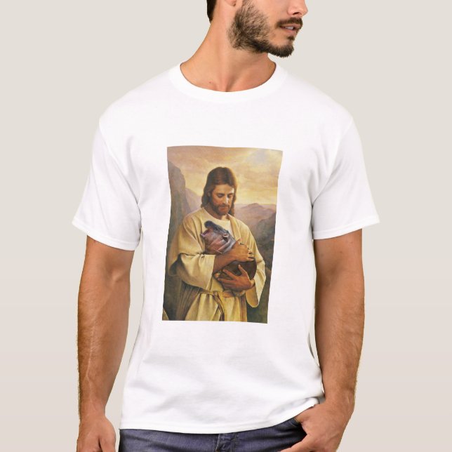 Jesus Moo Deng Bouncy Pig, Niedlich Baby Hippo T-Shirt (Vorderseite)