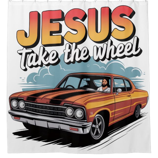Jesus nehmen das Vintage Muskelauto Duschvorhang (Vorderseite)