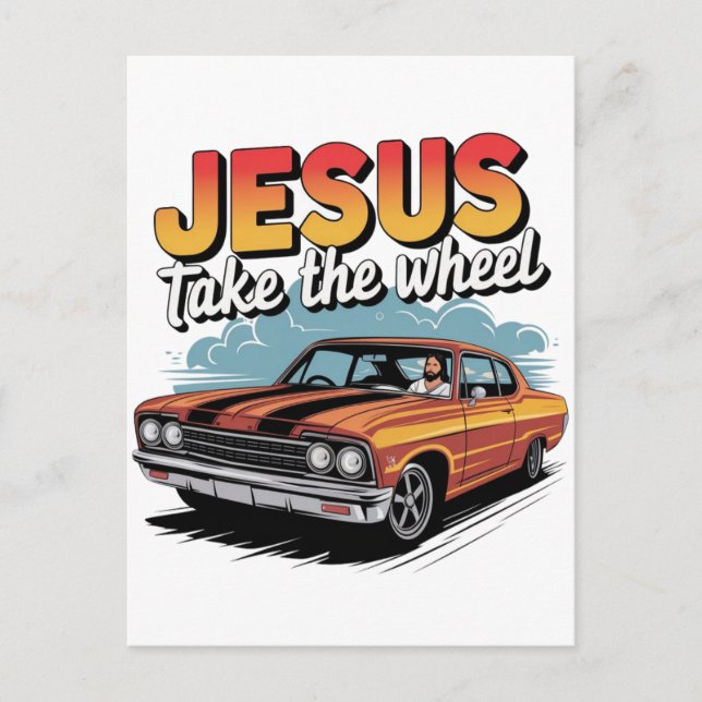 Jesus nehmen das Vintage Muskelauto Postkarte (Vorderseite)