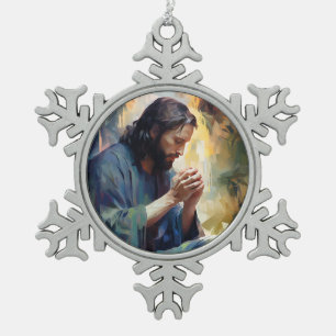 Jesus Praing Schneeflocken Zinn-Ornament