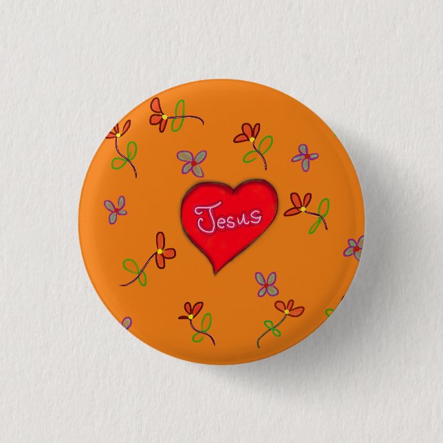 Jesus Red Heart Floral Orange Christlich Button (Vorderseite)