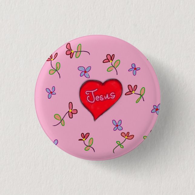 Jesus Red Heart Floral Pink Christlich Button (Vorderseite)