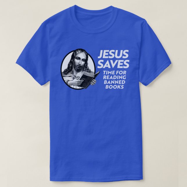Jesus rette, indem er Bibliotheksbücher ausliest T-Shirt (Design vorne)
