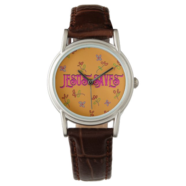"Jesus Rette" Zitat Blumenschrift auf Gelb Armbanduhr (Vorderseite)