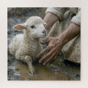 Jesus rettet ein Lamm aus einer Matschpfütze