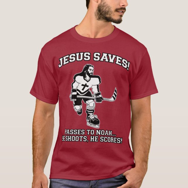 Jesus rettet Hockey lustiges T-Shirt (Vorderseite)