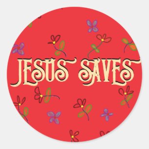 „Jesus rettet“ Zitat mit Blumen in Rot Runder Aufkleber