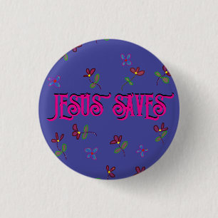 „Jesus rettet“ Zitat mit floralem Druck auf Lila Button