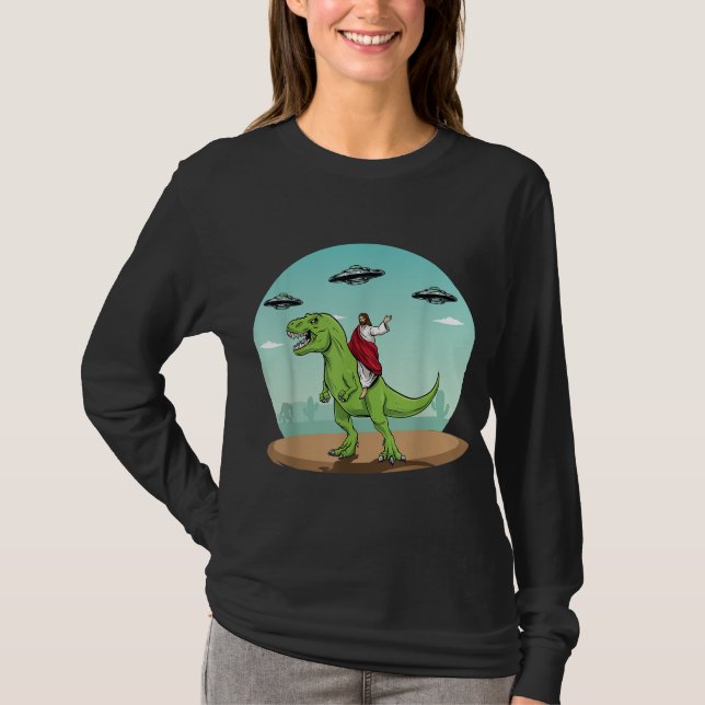 Jesus Riding A Dinosaur Funny Bigfoot UFO Alien Ab T-Shirt (Vorderseite)