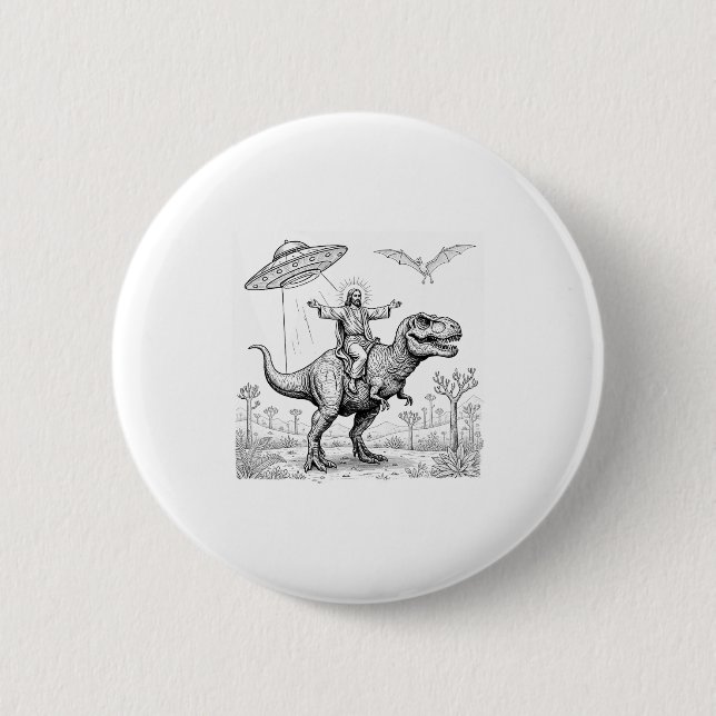 Jesus Riding Dinosaur T-rex Ufo Hunting Alien Sci- Button (Vorderseite)