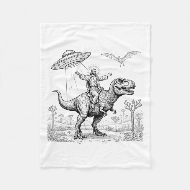 Jesus Riding Dinosaur T-rex Ufo Hunting Alien Sci- Fleecedecke (Vorderseite)
