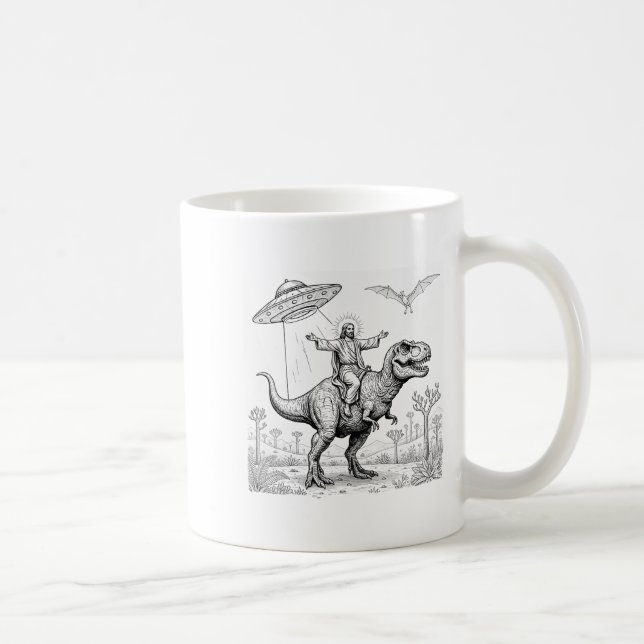 Jesus Riding Dinosaur T-rex Ufo Hunting Alien Sci- Kaffeetasse (Rechts)