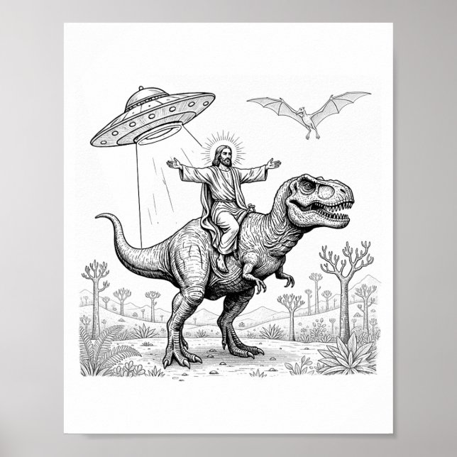 Jesus Riding Dinosaur T-rex Ufo Hunting Alien Sci- Poster (Vorne)