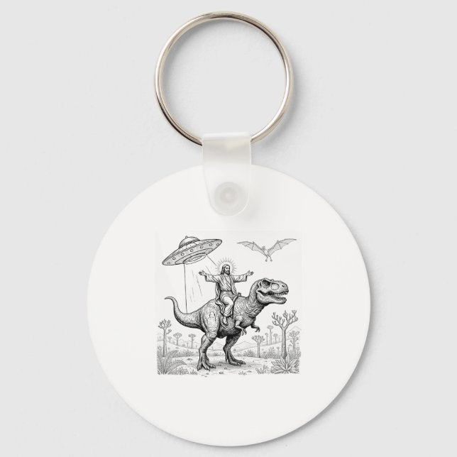 Jesus Riding Dinosaur T-rex Ufo Hunting Alien Sci- Schlüsselanhänger (Vorderseite)