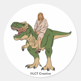 Jesus Riding T-Rex Runder Aufkleber