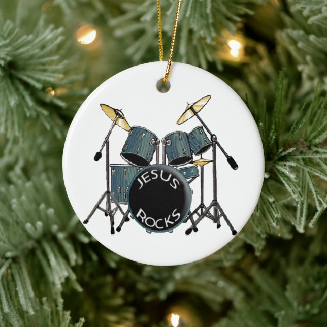Jesus Rocks - Drummer Keramik Ornament (Baum)