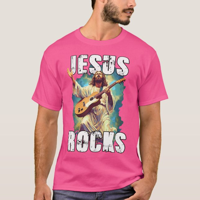 Jesus Rocks with Gitarre - Funny Christlich Rocks  T-Shirt (Vorderseite)