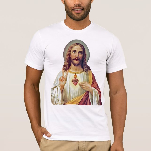 Jesus Sacred Heart Peace Sign Portrait T-Shirt (Vorderseite)