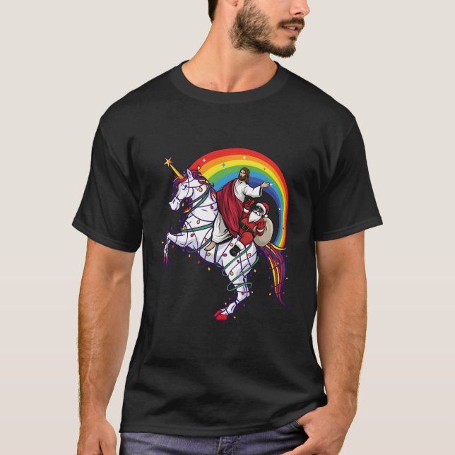 Jesus Santa reiten auf Einhorn Niedliche Kinder Ju T-Shirt (Vorderseite)