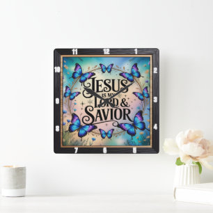 Jesus Savior Floral Butterfly Quadratische Wanduhr