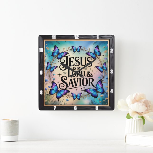 Jesus Savior Floral Butterfly Quadratische Wanduhr (Zuhause)