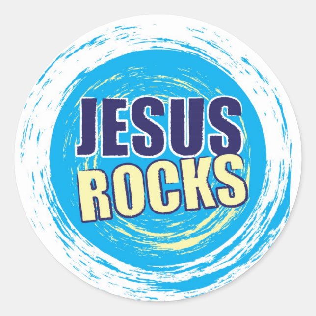 Jesus schaukelt 7 blau u. gelb runder aufkleber (Vorderseite)