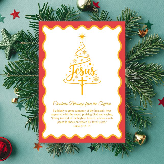 Jesus-Schrift-Weihnachtsbaum-Segen Feiertagskarte (Jesus Script Christmas Tree Card Gold with Luke 2:13–14)