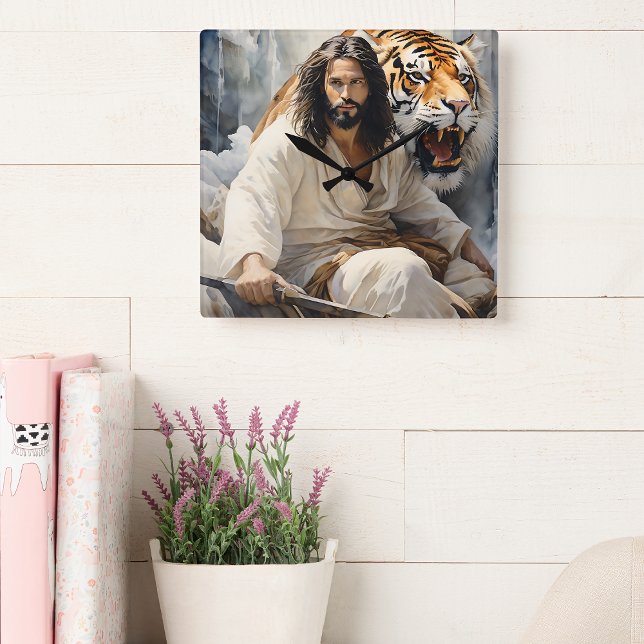 Jesus sitzt auf einem Felsen mit Tiger Quadratische Wanduhr (Von Creator hochgeladen)