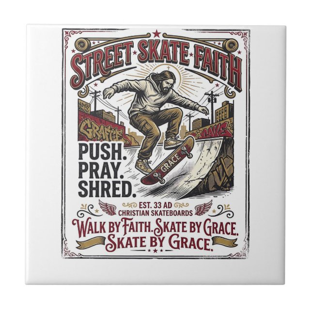 Jesus Skate Longboard Shirt Christlich Fliese (Vorderseite)