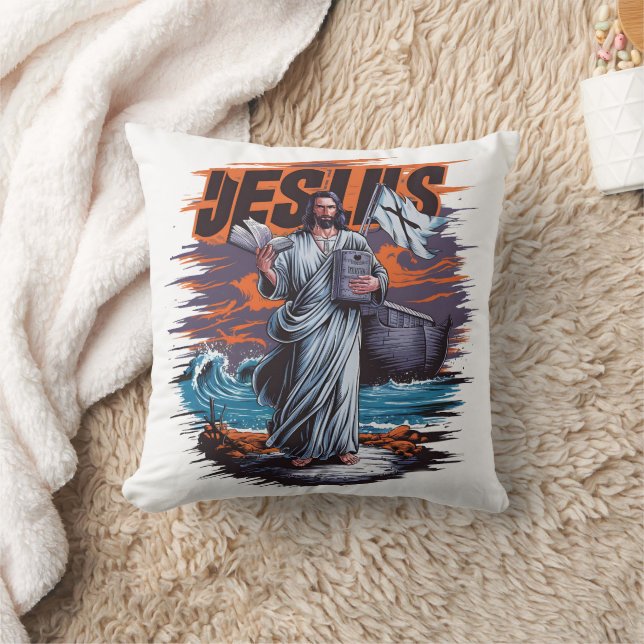 Jesus stehend am Meer mit einem Buch und einem Sch Kissen (Decke)