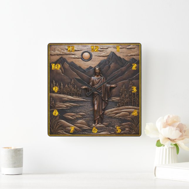 Jesus Stehend durch den Fluss in der Bergwelt Quadratische Wanduhr (Zuhause)