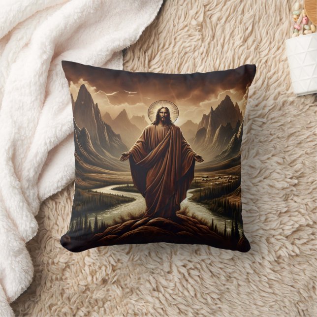 Jesus Stehend in den majestätischen Bergen der Däm Kissen (Decke)