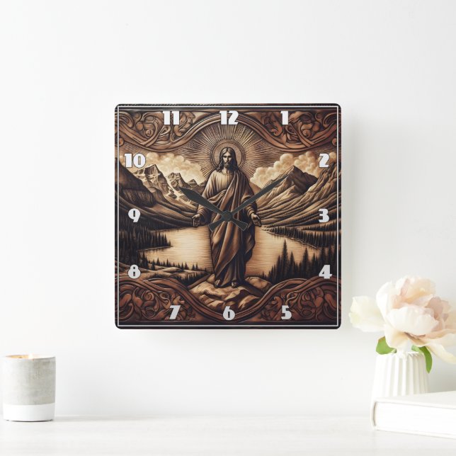 Jesus Stehend vor den majestätischen Bergen in der Quadratische Wanduhr (Zuhause)