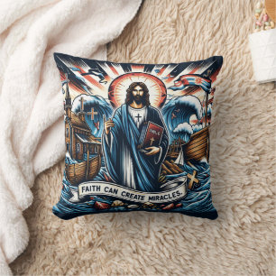 Jesus steht unter turbulenten Meeren, inspirierend Kissen