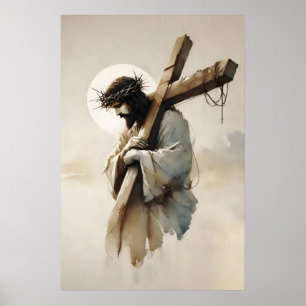 Jesus trägt das Kreuz Minimalistische Aquarellmale Poster