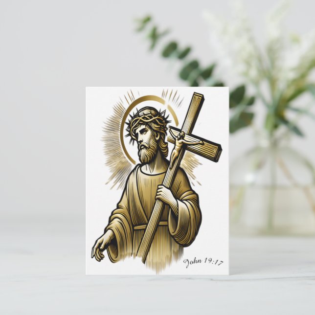 Jesus trägt Gold Cross mit Grace Postkarte (Stehend Vorderseite)