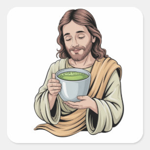 Jesus trinkt Matcha-Getränk Christlich Quadratischer Aufkleber