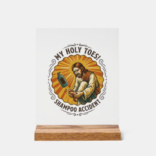Jesus tropft Shampooflasche auf Fußdusche Schmerz Acrylschild