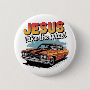 Jesus übernimmt das Steuer Vintage-Muskelauto Button