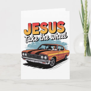 Jesus übernimmt das Steuer Vintage-Muskelauto Karte
