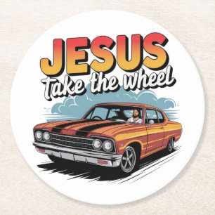 Jesus übernimmt das Steuer Vintage-Muskelauto Runder Pappuntersetzer