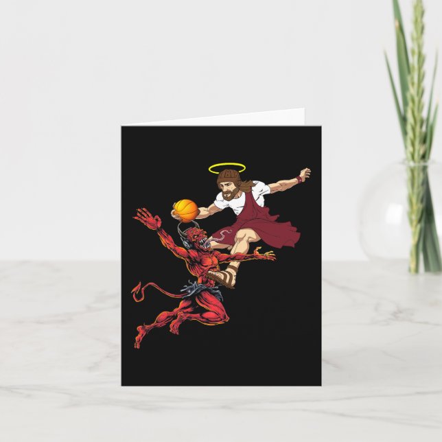 Jesus überquert den Teufel Basketball Player Dunk Karte (Vorderseite)