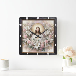 Jesus, umgeben von Lilien-Rose Quadratische Wanduhr