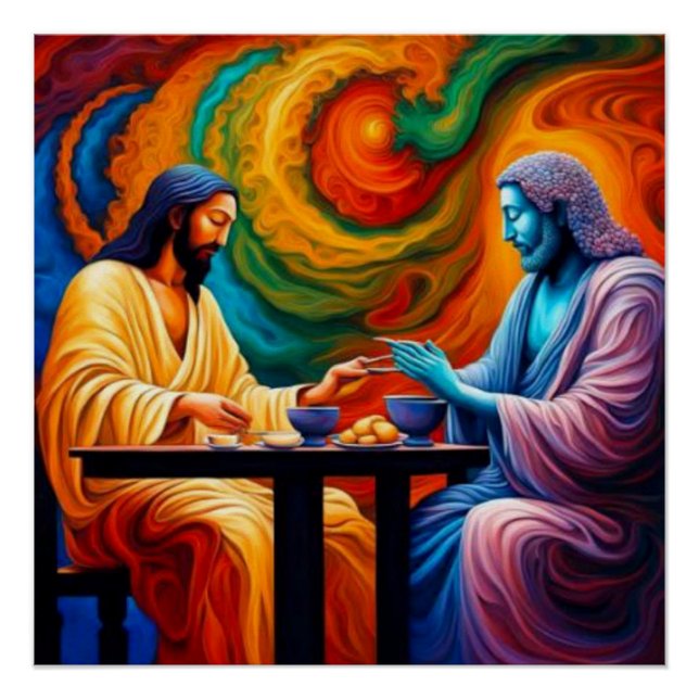 Jesus und Buddha teilen sich die Mahlzeit Poster (Vorderseite)