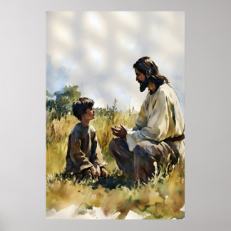 Jesus und kleiner Junge unterhalten sich im Feld D Poster