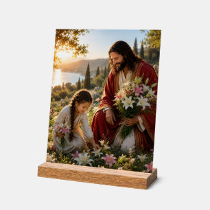 Jesus und kleines Mädchen pflücken Lilien Acrylschild